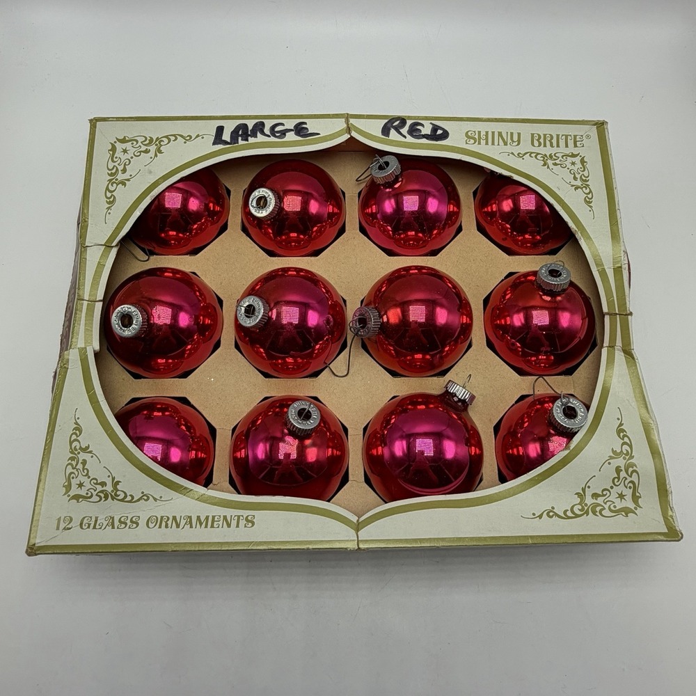 Vintage Shiny Brite Pink Red Glass Christmas Ornaments Set of 12 in Box Read